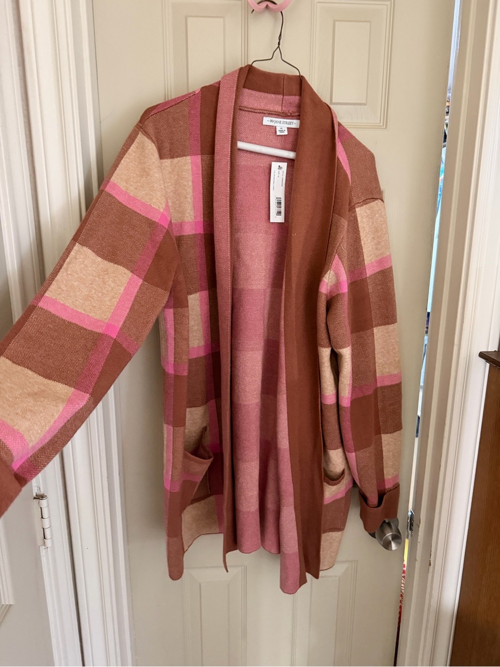 Pink and Brown Plaid Open-Front Women's Cardigan Sweater